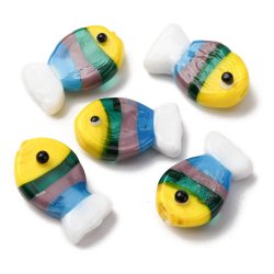 Glass bead, striped fish, yellow, green, grey, blue, white, 20x13x5 mm, 2 pcs