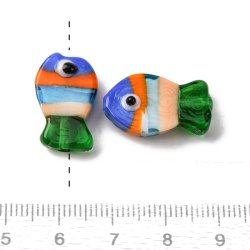 Glass bead, striped fish, blue, orange, light blue, peach and green, 20x13 mm, 2 pcs