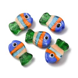 Glass bead, striped fish, blue, orange, light blue, peach and green, 20x13 mm, 2 pcs