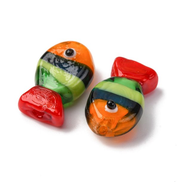 Glasperle, gestreifter Fisch, orange, schwarz, gr&uuml;n, rot, 20x13mm 2 Stck
