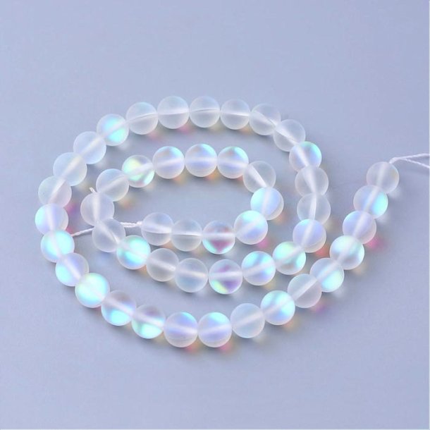 Glass beads, full strand, white, AB, frosted, round, diameter 8 mm, 45 pcs.