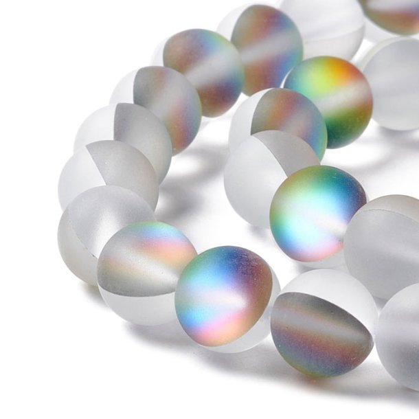 Glass beads, white, AB, frosted, round, diameter 10 mm, 10 pcs.
