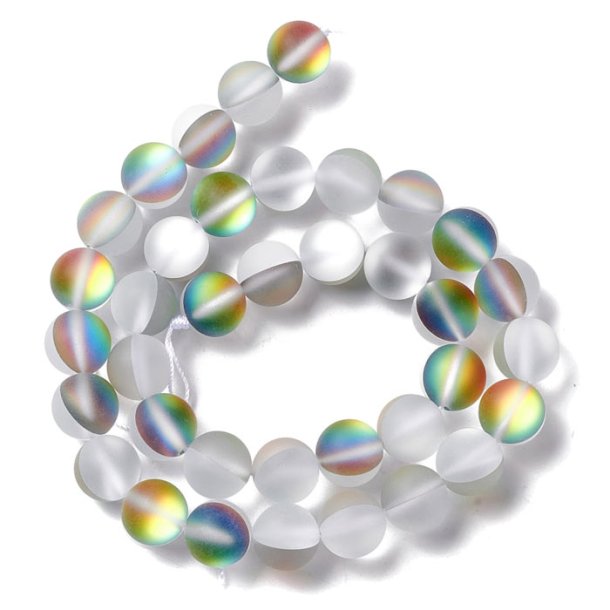 Glass beads, full strand, white, AB, frosted, round, diameter 10 mm, 38 pcs.