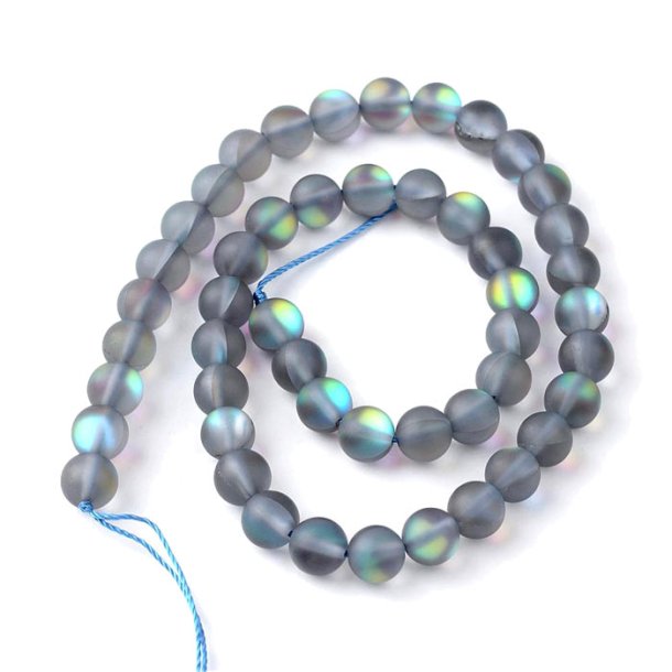 Glass beads, full strand, grey, AB, frosted, round, diameter 8 mm, 45 pcs.