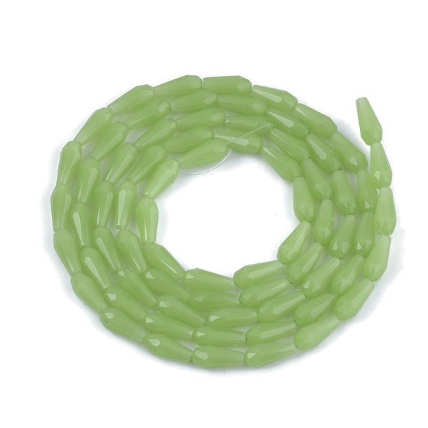 Glass drop, Faceted, long bead string, green, 10x4 mm, approx. 72 pcs