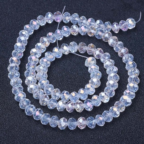 Glass beads, full strand, AB, faceted, rondelles, clear. Approx. 4x3 mm, approx. 130 pcs