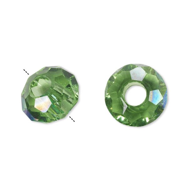 Glass bead, clear green, facetted, without metal rim, 5mm hole, 14x8mm, 1pc