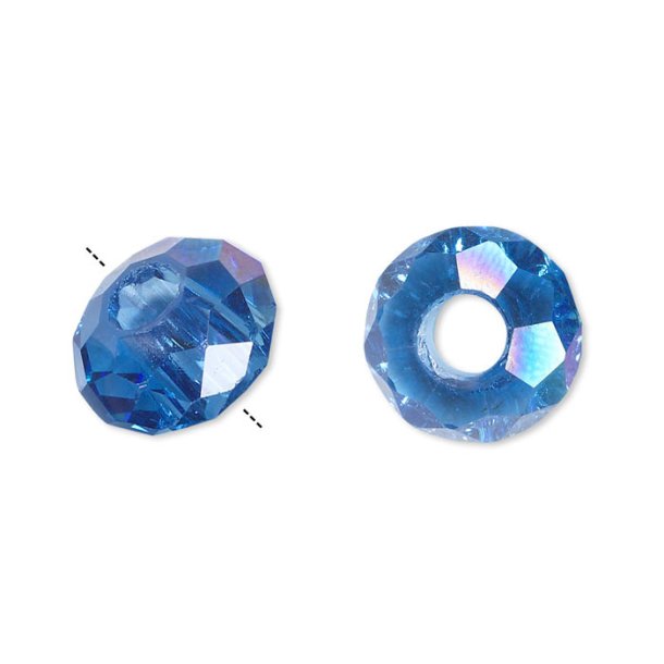 Glass bead, clear blue, facetted, without metal rim, 5mm hole, 14x8mm, 1pc