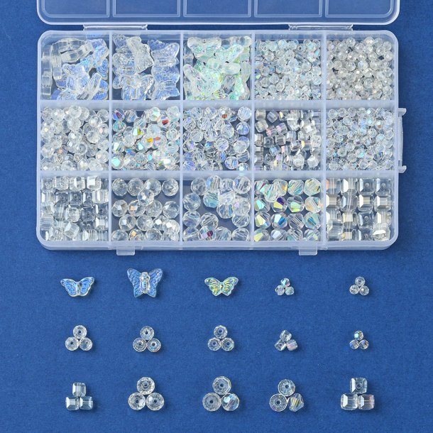 Glass bead set, clear AB alternating, mixed faceted beads, 16x10x1,6 cm. approx. 600 pcs.