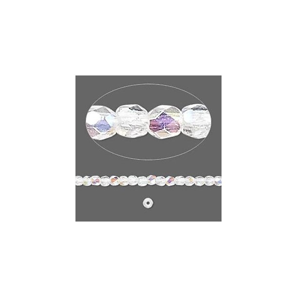 Glass, transparent A/B, shimmering, round, facetted, 3mm, ca. 133pcs.