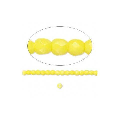 Glasperler,  hel streng, gul, opak, rund facetteret, 3 mm, ca. 133 stk
