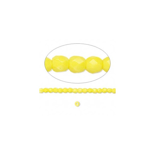 Glasperler,  hel streng, gul, opak, rund facetteret, 3 mm, ca. 133 stk