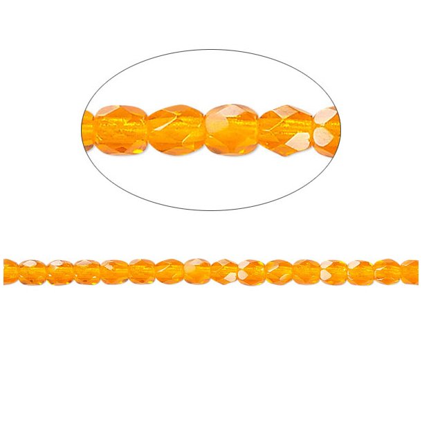 Glasperle, ganzer Strang, durchsichtig orange, rund facettiert, 3 mm, 133 Stk.