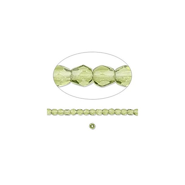 Glasperle, preciosa, gennemsigtig olivengrn, rund facet, 3 mm, ca. 133 stk