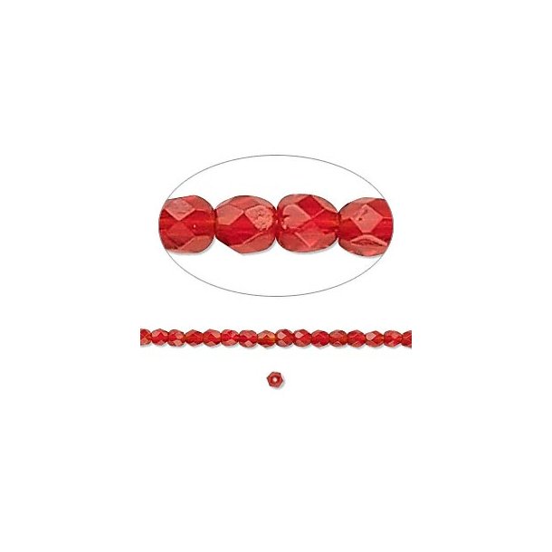 Glass beads, complete strand, red, transparent, round, facetted, 3mm, 133pcs.