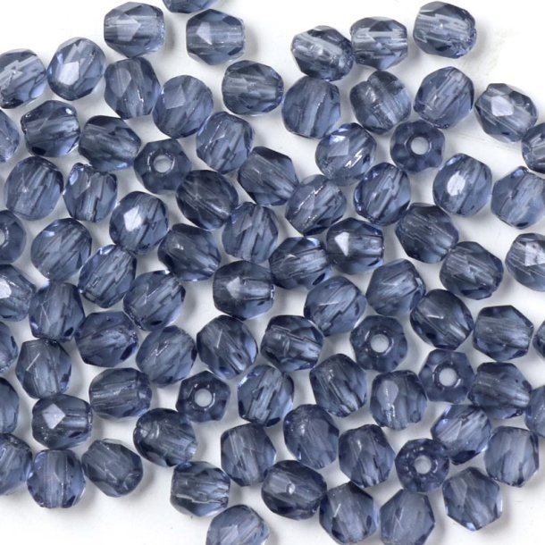 Glasperle, klar, grau-blau, rund, facettiert, 3 mm, ca. 130 Stck