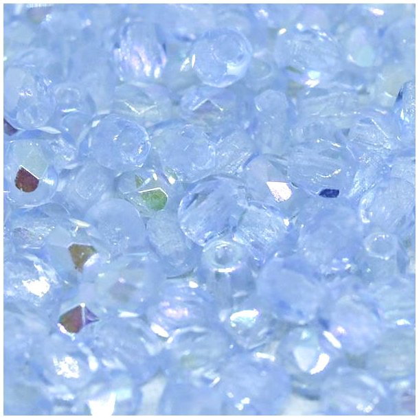Glass bead, light sapphire blue, AB iridescent, round facet, 3 mm, 130 pcs