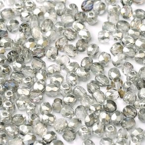 Glass beads, transparent and silver, firepolished, round, facetted, 3mm, ca. 133pcs.
