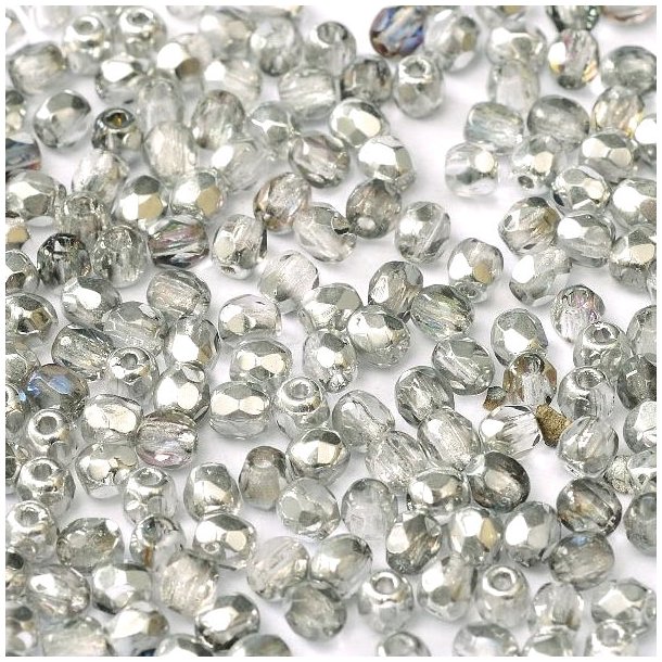 Glass beads, transparent and silver, firepolished, round, facetted, 3mm, ca. 133pcs.