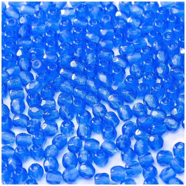 Glasperle, saphirblau, transparent, rund, facettiert, 3 mm, ca. 130 Stck