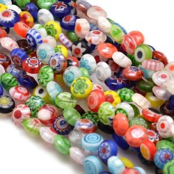 Glasperle, ganzer Strang, gemischte Farben, Millefiori, flach, rund, 6x2,5 mm, ca. 64 Stck.