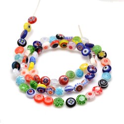 Glasperle, ganzer Strang, gemischte Farben, Millefiori, flach, rund, 6x2,5 mm, ca. 64 Stck.