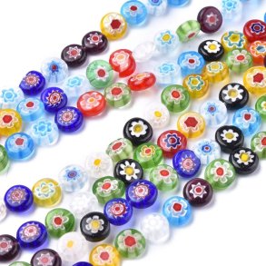 Glasperle, gemischte Farben, Millefiori, flach, rund, 10x4 mm, 10 Stck.