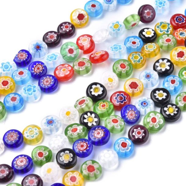 Glass bead, mixed colours, millefiori, flat, round, 8x3 mm, 10 pcs