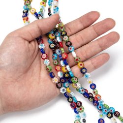 Glasperle, ganzer Strang, gemischte Farben, Millefiori, flach, rund, 10x4 mm, ca. 38 Stck.