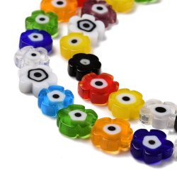 Glasperle, ganzer Strang, gemischte Farben, Millefiori, blume, flach, ca. 7-8x3 mm, ca. 56 Stck