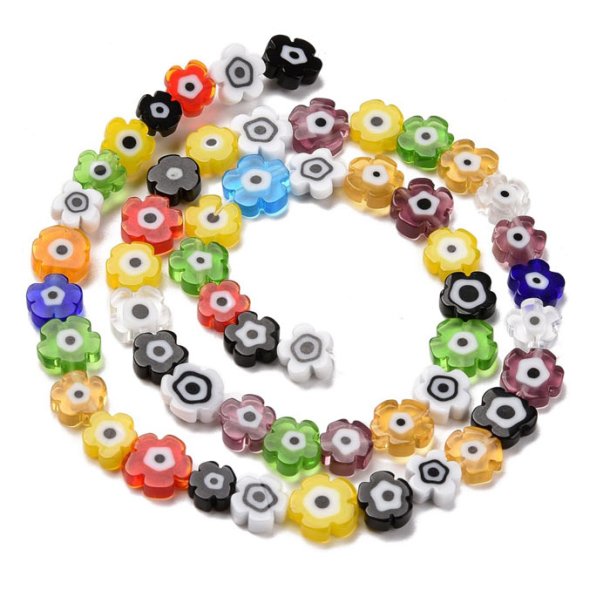 Glass bead, full strand, mixed colours, millefiori, flat, flower, 7-8x3 mm, ca. 56 pcs