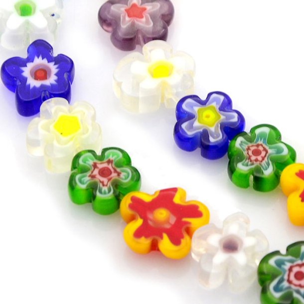 Glass bead, mix color flower, millefiori, flat, flower, 10x4 mm, 10 pcs
