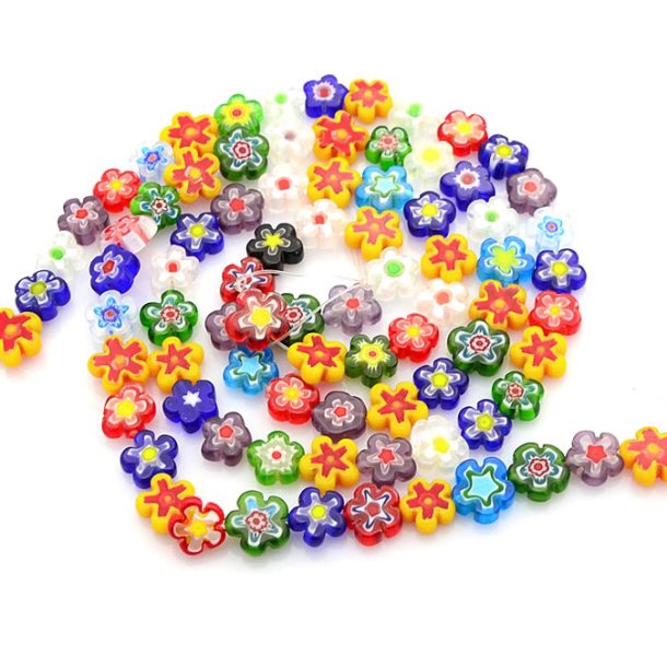 Glass bead, mix color flower, millefiori, flat, flower, 10x4 mm, ca. 42 pcs