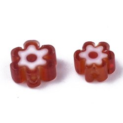 Glasperle, rot, Millefiori, Blume, flach, ca. 6-7x3 mm, 10 Stk.