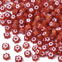 Glasperle, rot, Millefiori, Blume, flach, ca. 6-7x3 mm, 10 Stk.