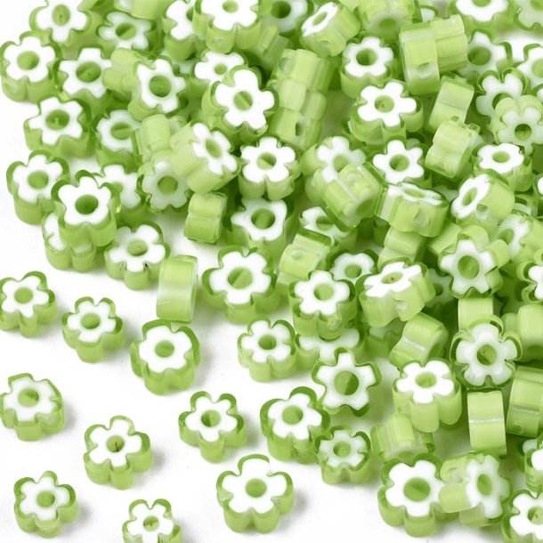 Glass bead, green, millefiori, flat, flower, ca. 6-7x3  mm, 10 pcs