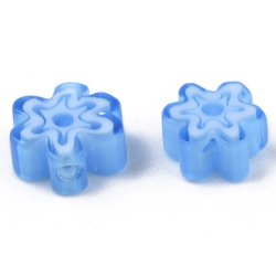 Glasperle, blau, Millefiori, Blume, flach, 4,5x2,5 mm, 10 Stck.