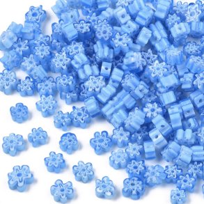 Glasperle, blau, Millefiori, Blume, flach, 4,5x2,5 mm, 10 Stck.