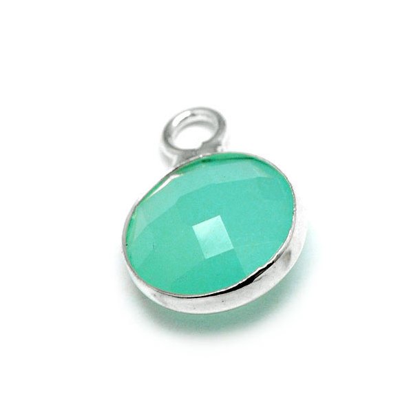 Versilberter Glas-Anh&auml;nger, klein, rund, dunkle Minze, 11x8,5 mm, 1 Stk.