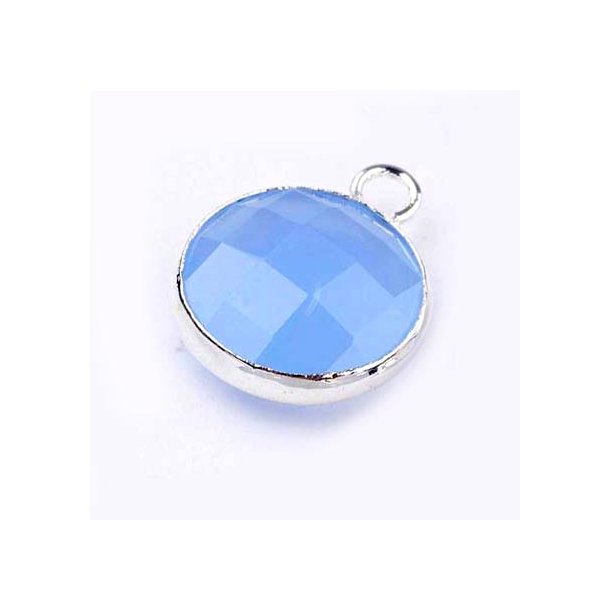 Versilberter Glas-Anh&auml;nger, rund, tr&uuml;b, Kornblumenblau, 11x8,5 mm, 1 Stk.