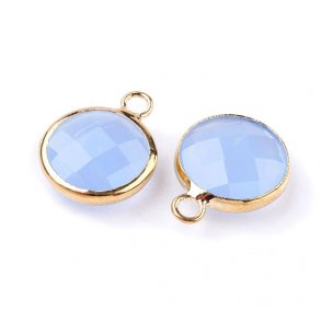 Glass charm, gilded, round, cloudy, corn flower blue, 11x8.5x3mm, 1pc.