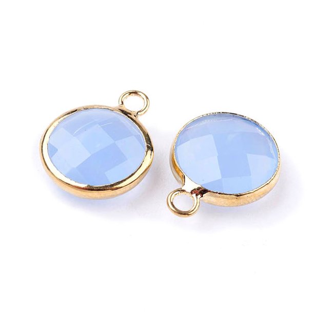 Glass charm, gilded, round, cloudy, corn flower blue, 11x8.5x3mm, 1pc.