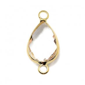 Vergoldter Glas-Anhänger mit 2 Ösen, Tropfen, transparent, 21x10,5 mm, 1 Stk