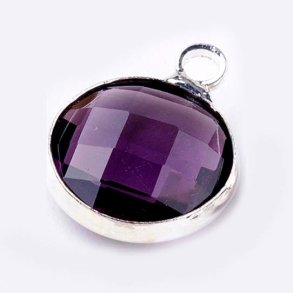 Glass pendant, silver plated, round, dark purple, small, 11x8,5 mm, 1 pc