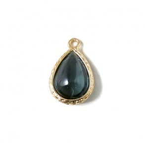 Glass charm, gilded smooth teardrop, dark gray , 18x11mm, 1pc.