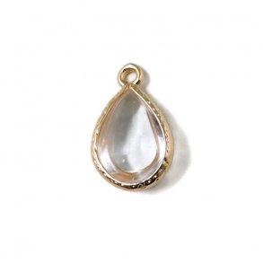 Glass charm, gilded smooth teardrop, transparent, 18x11mm, 1pc.