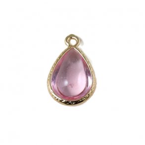 Glass charm, gilded smooth teardrop, pink, 18x11mm, 1pc.