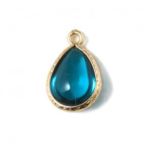 Glass charm, gilded smooth teardrop, dodger blue, 18x11mm, 1pc.