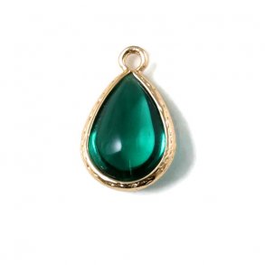 Glass charm, gilded brass, smooth teardrop, green, 18x11mm, 1pc.