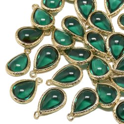 Vergoldeter Glas-Anh&auml;nger, Glatte &Ouml;berfl&auml;che, Tropfen, gr&uuml;n, 18x11 mm, 1 Stk. 